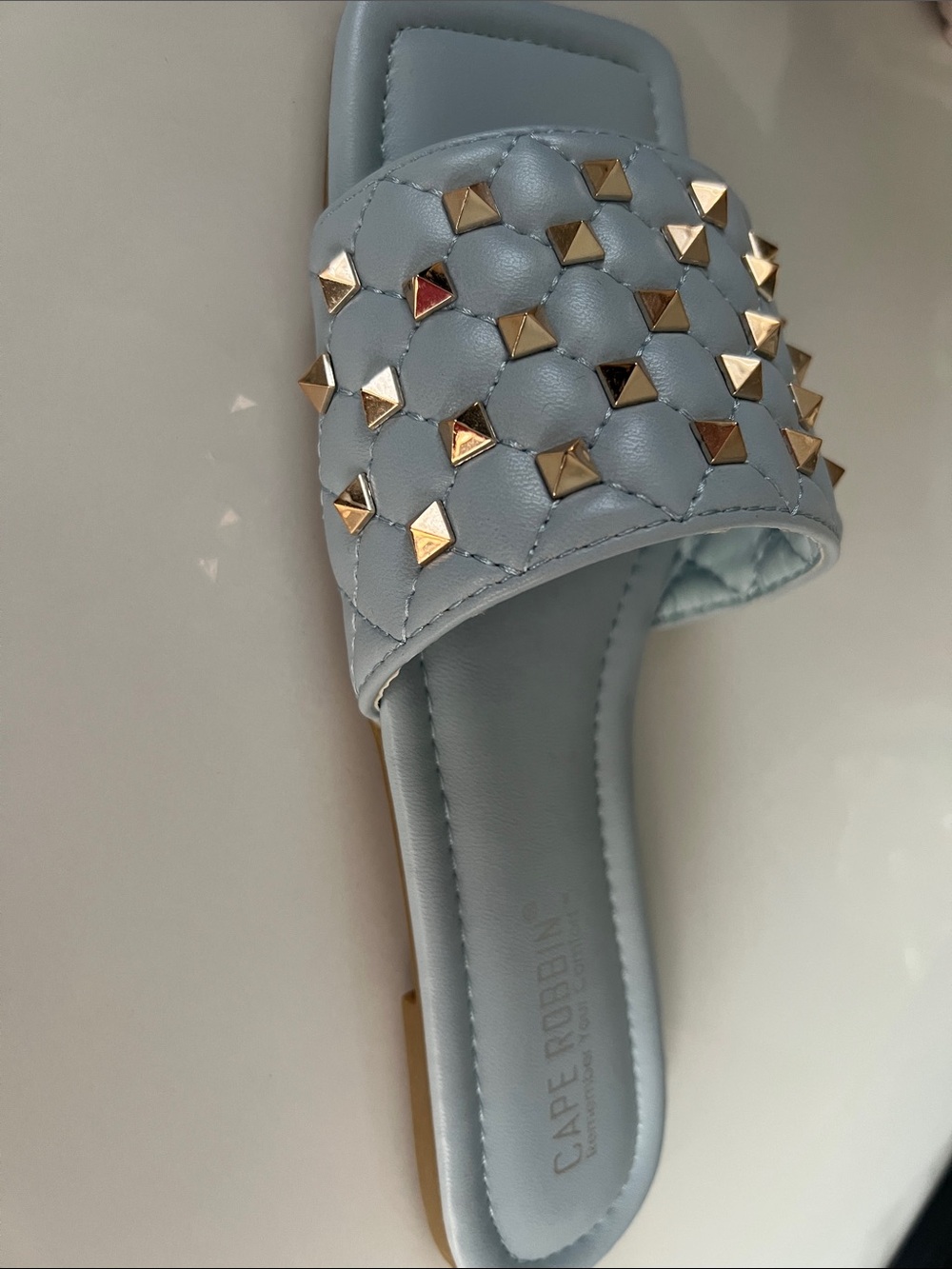 B101-Cape Robbin Pale Blue Quilted Slide Sandal with Gold Studs